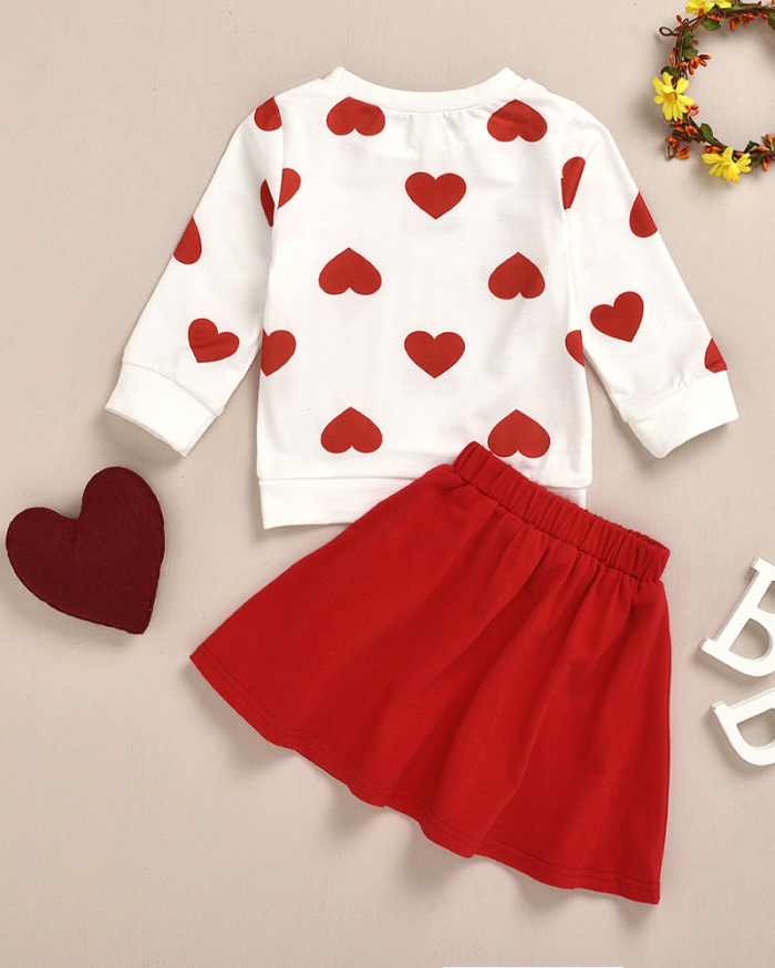 Girls' Suit Round Neck Heart Long-sleeved Top And Skirt Two-piece Suit