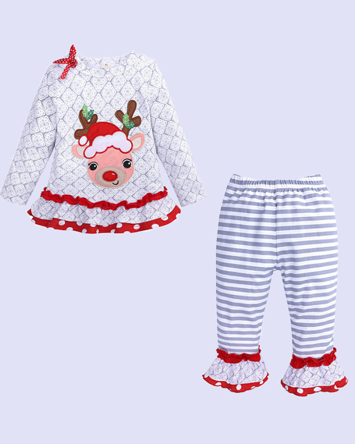 Christmas Children's Suit Cartoon Deer Head Long-sleeved Shirt With Ruffled Trousers Two-piece Suit