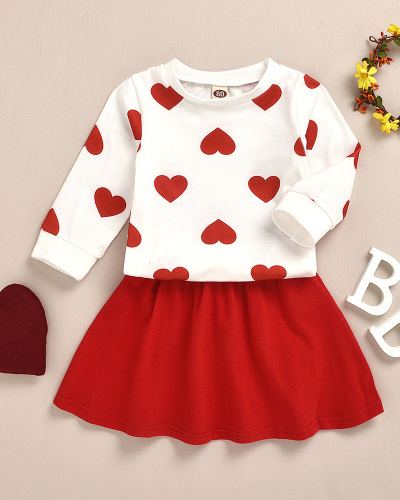 Girls' Suit Round Neck Heart Long-sleeved Top And Skirt Two-piece Suit