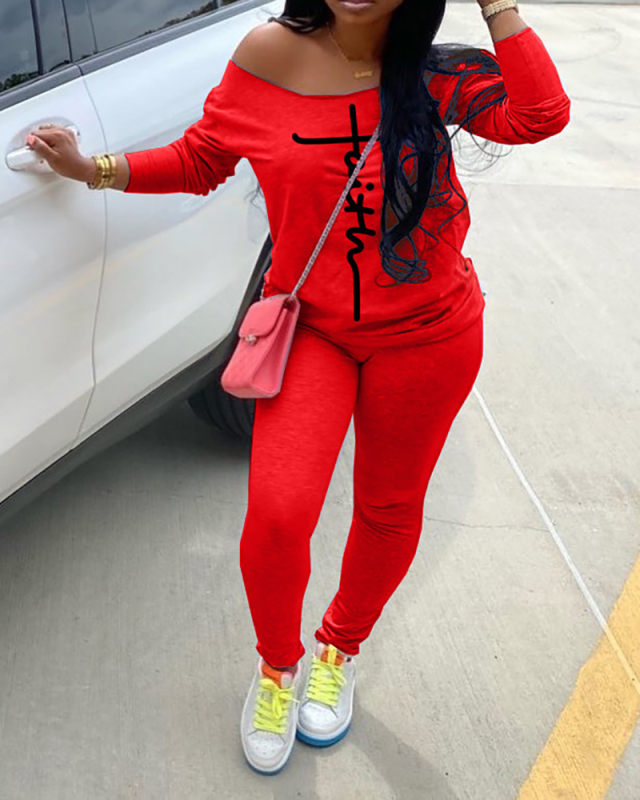 Women Fashion Print Long Sleeve Off Shoulder Top Casual Pants Sets Two Pieces Outfit Orange Red Purple Gray Green Blue S-3XL