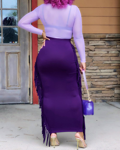 Women Long Sleeve Mesh Patchwork Solid Color See Through Bodycon Two pieces Outfit Skirt Sets Purple Black Green Red S-2XL