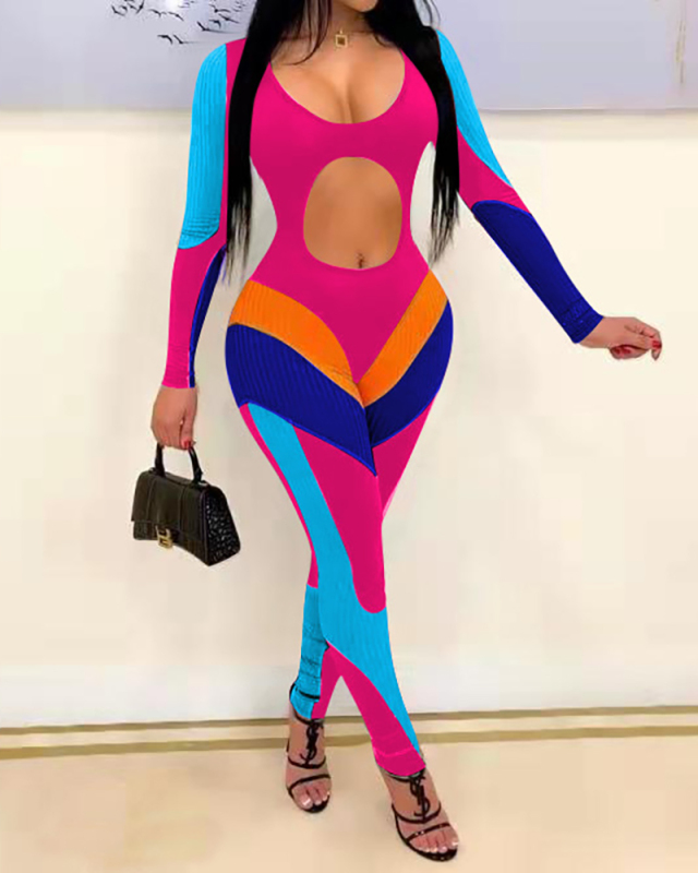 Lady Hollow Out Colorblock Long Sleeve Jumpsuit Black Rose Red S-2XL 