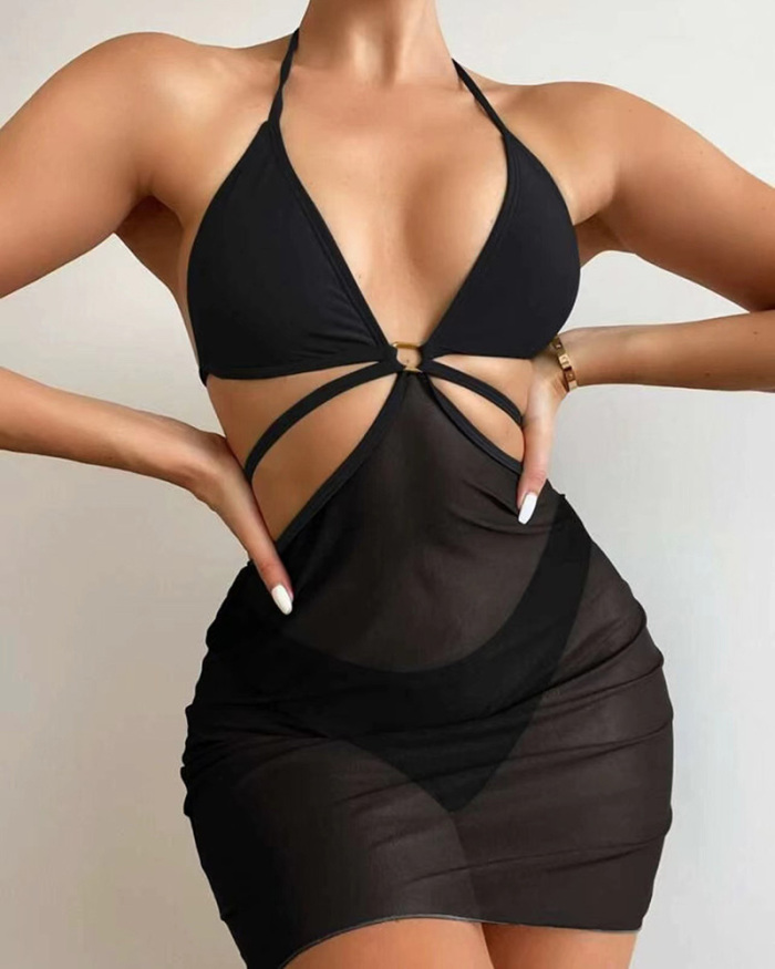Women Strap Mesh Solid Color Sexy Two-piece Swimsuit Green Black Brown S-L