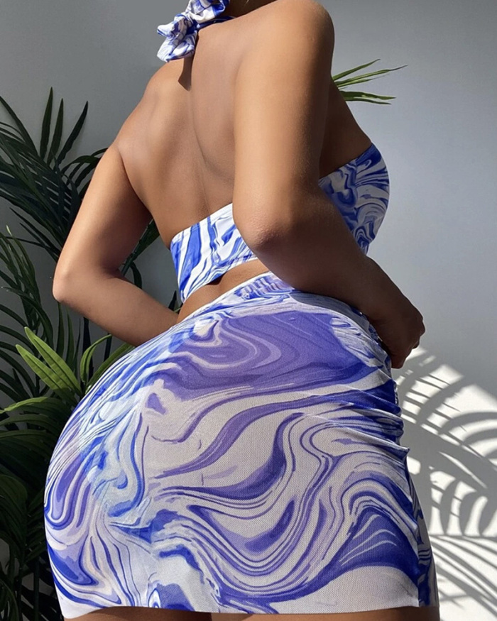 Fashion Printed Halter Neck Hollow Out Sexy Women Three-piece Swimsuit Blue Orange Coffee S-L
