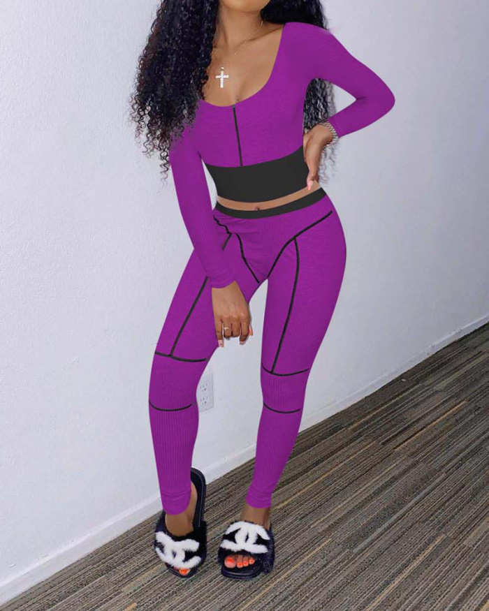 Women Long Sleeve Slim Waistless Stitching Leisure Pit Strip Pants Sets Two Pieces Outfit Orange Green Purple S-XL