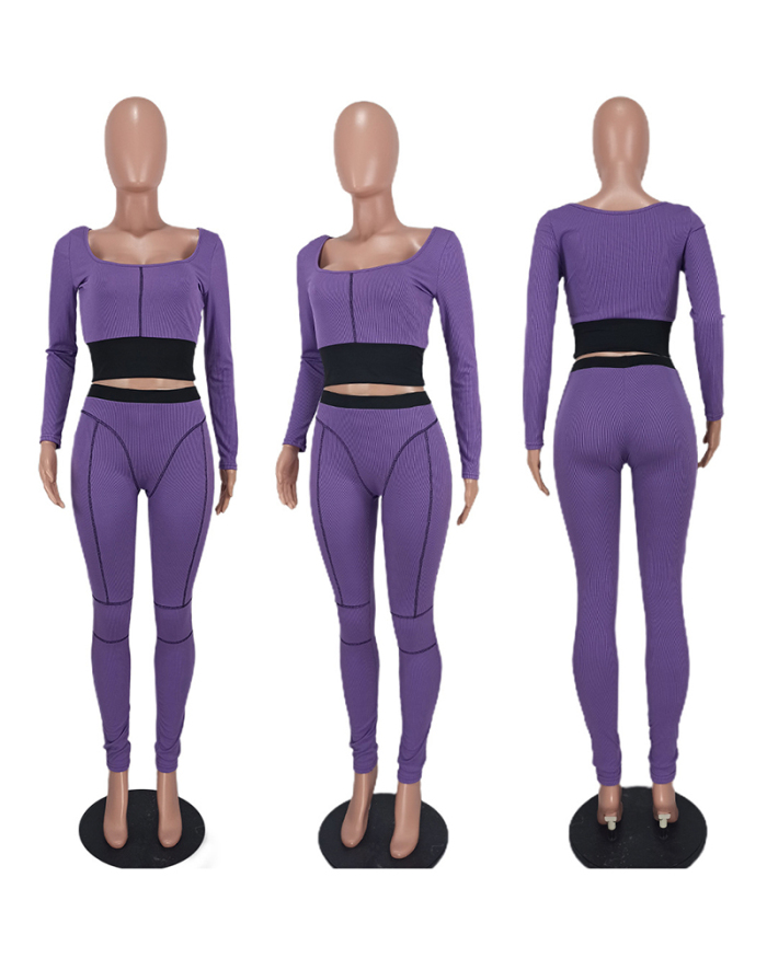 Women Long Sleeve Slim Waistless Stitching Leisure Pit Strip Pants Sets Two Pieces Outfit Orange Green Purple S-XL