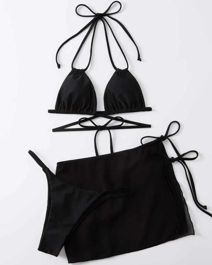 Lady Halter Neck Solid Color Drawstring Strappy Bikini Mesh Cover Three-piece Swimsuit White Black S-XL
