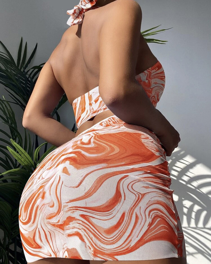 Fashion Printed Halter Neck Hollow Out Sexy Women Three-piece Swimsuit Blue Orange Coffee S-L