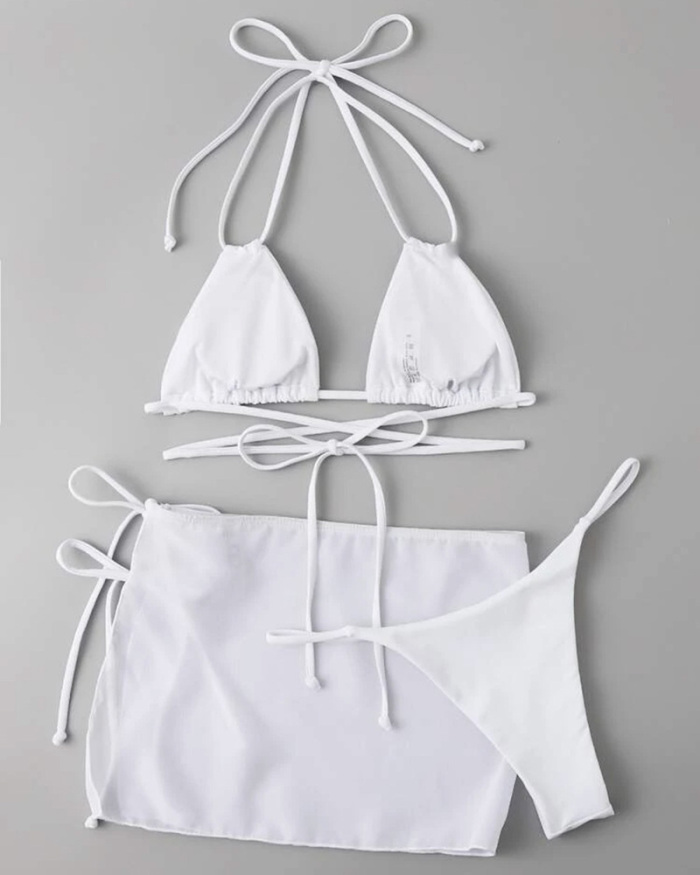 Lady Halter Neck Solid Color Drawstring Strappy Bikini Mesh Cover Three-piece Swimsuit White Black S-XL