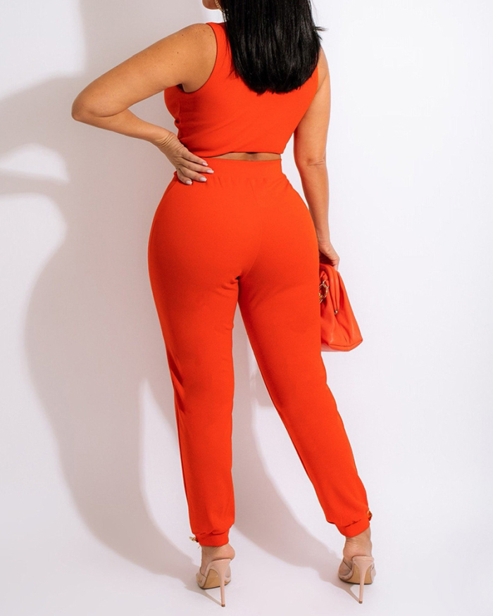 Lady Solid Color Sexy Crop Tops Two Piece Set Orange Black Green Apricot S-2XL 