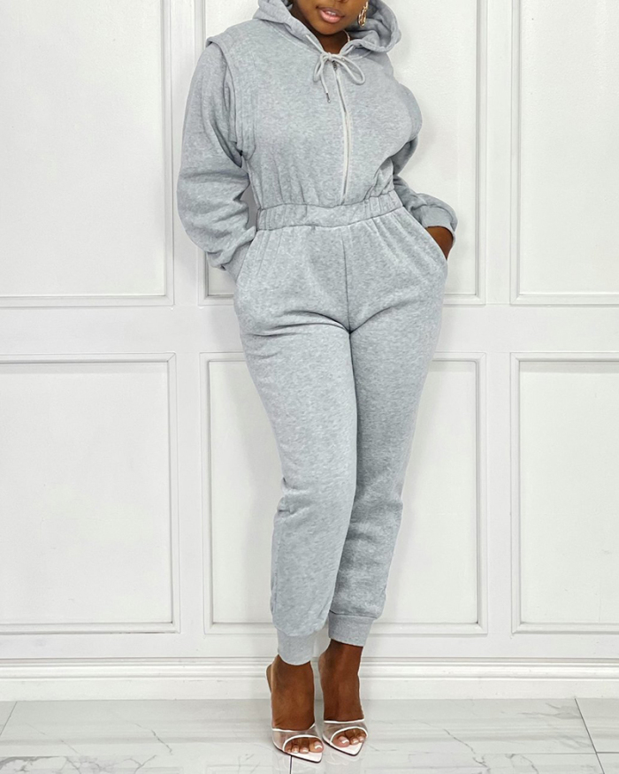 Lady Street Style Sporty Long Sleeve Hoodies Jumpsuit Gray Black Red S-XL 