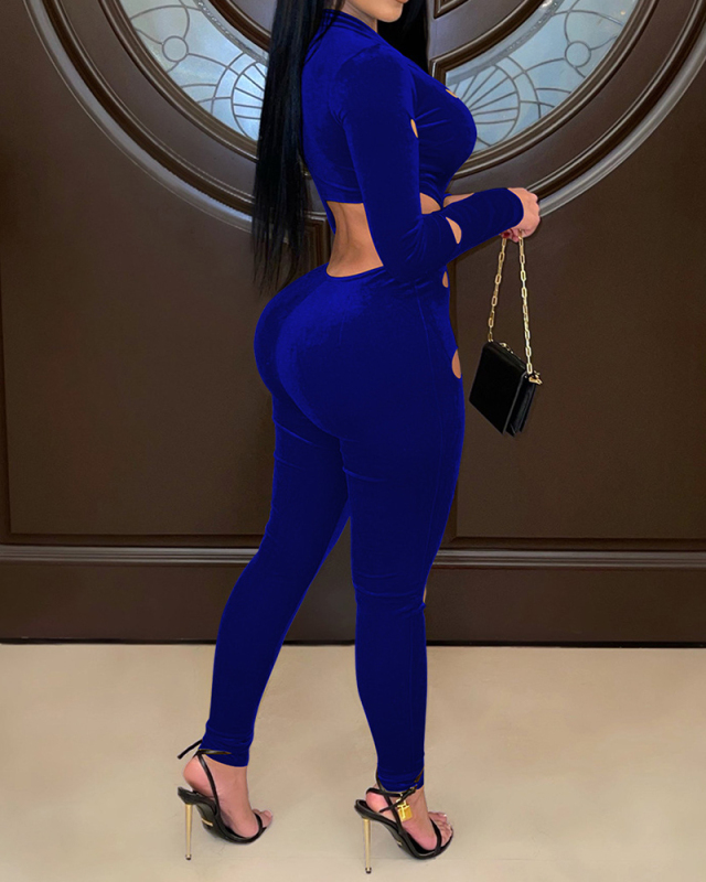 Women Hollow Out Long Sleeve V-Neck Solid Color Jumpsuit Yellow Blue Green S-2XL 