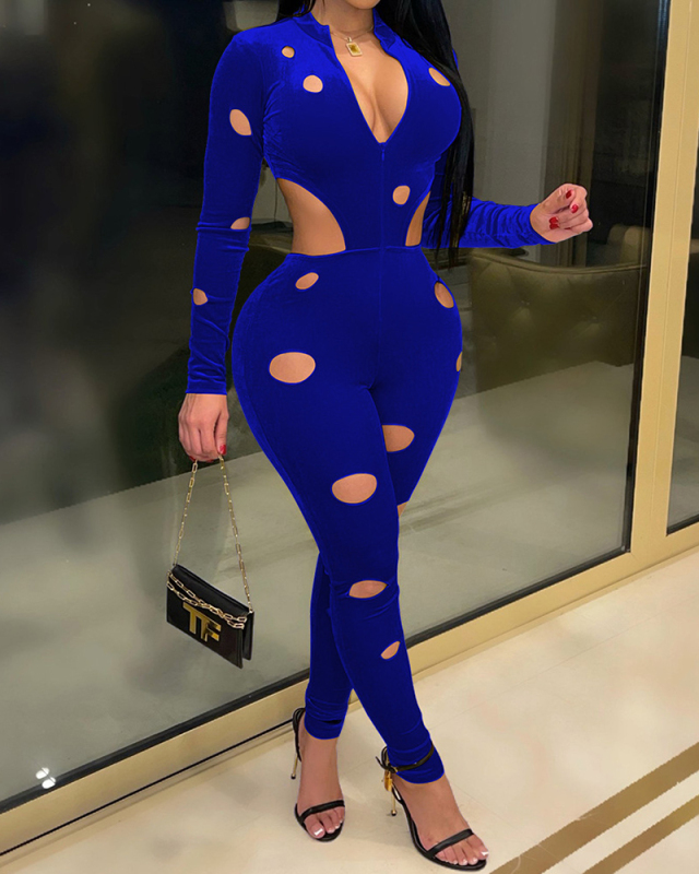 Women Hollow Out Long Sleeve V-Neck Solid Color Jumpsuit Yellow Blue Green S-2XL 