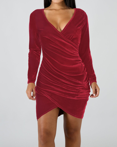 Lady Solid Color V-Neck Long Sleeve Sexy One Piece Dress Black Wine Red Purple Blue S-2XL 