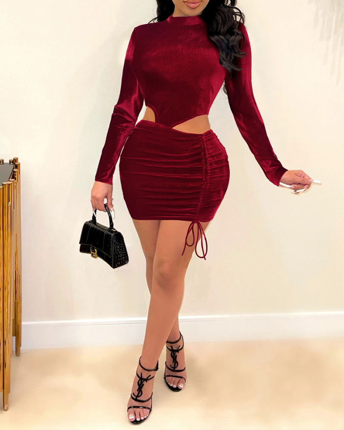 Lady Solid Color Hollow Out Sexy Pleated Long Sleeve One Piece Dress Black Wine Red Green Blue S-2XL 