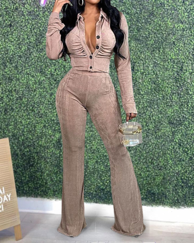 Women Solid Color Long Sleeve Turn-down Collar Pants Sets Two Pieces Outfit Orange Red Black Khaki S-2XL