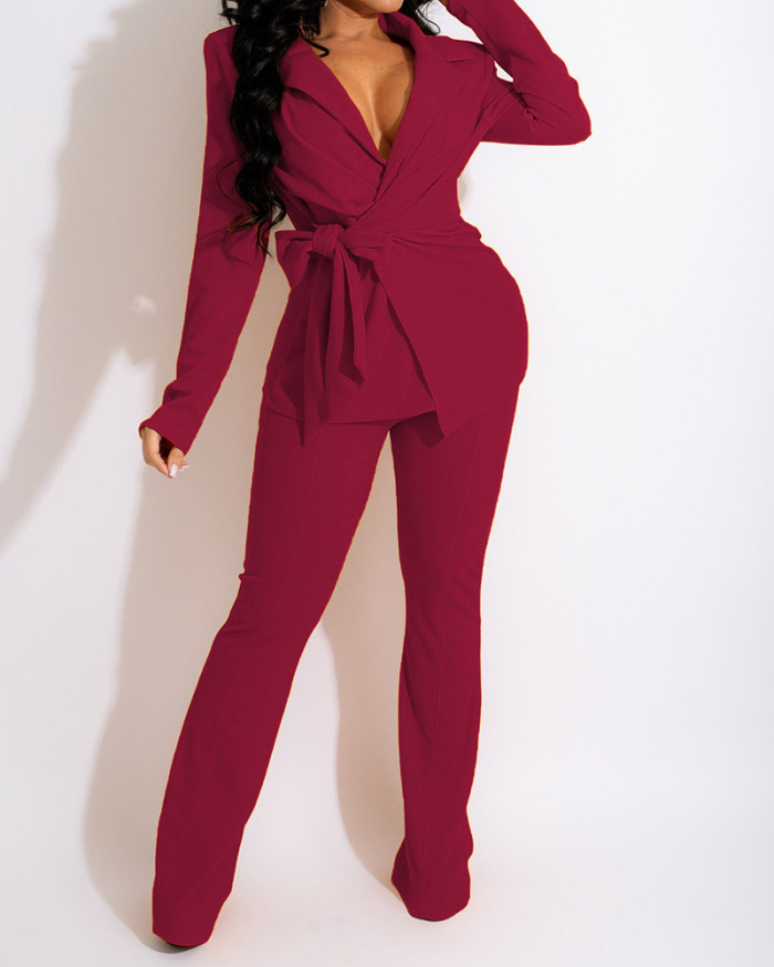 Office Lady Solid Color V-neck Long Sleeve Sexy Suit Pants Sets Two Pieces Outfit Blue White Yellow Purple Wine Red S-2XL