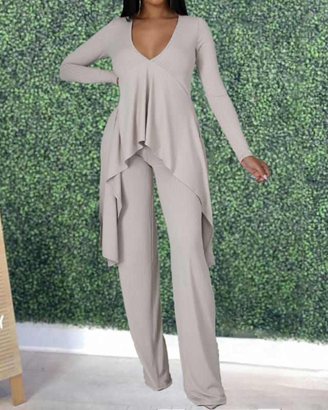 Women V-neck Solid Color Long Sleeve Pants Sets Two Pieces Outfit Yellow Gray Black Apricot S-2XL