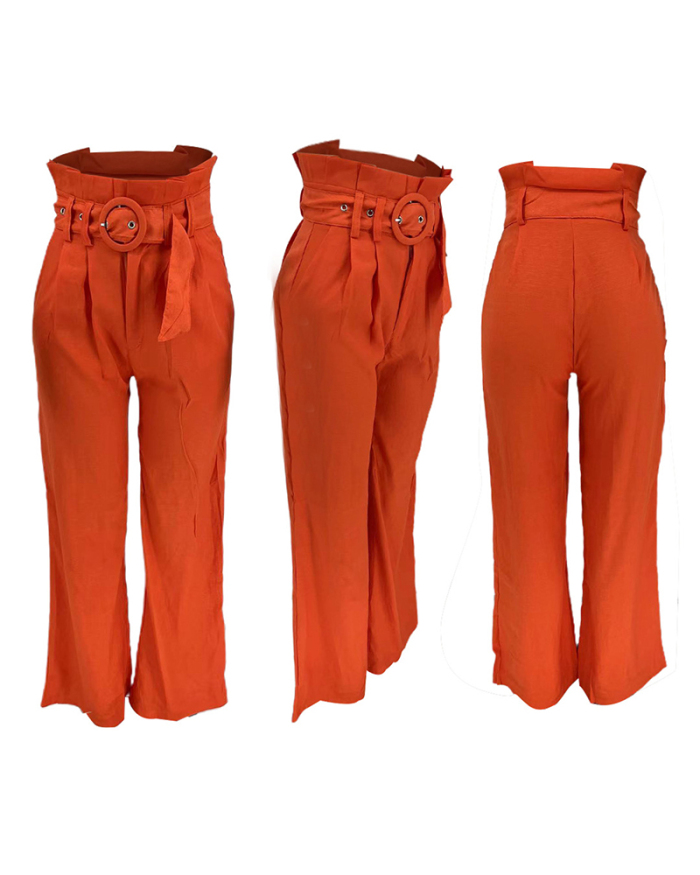 Fashion Sexy Belted Solid Color Wide Leg Pants Deep Green Orange S-2XL