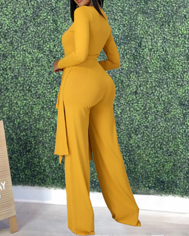 Women V-neck Solid Color Long Sleeve Pants Sets Two Pieces Outfit Yellow Gray Black Apricot S-2XL