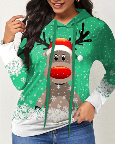 New Fashion Christmas Elk Print Sweater Hoodie Long Sleeve Casual Women Hoodies Tees