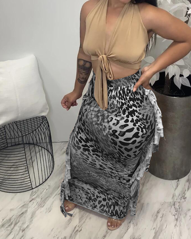 Lady Printing Tassel Sexy Long One Piece Dress Black Yellow Orange S-2XL 