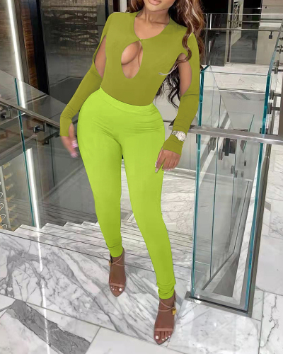 Women Colorblock Hollow Out Long Sleeve Pants Sets Two Pieces Outfit Green S-XL