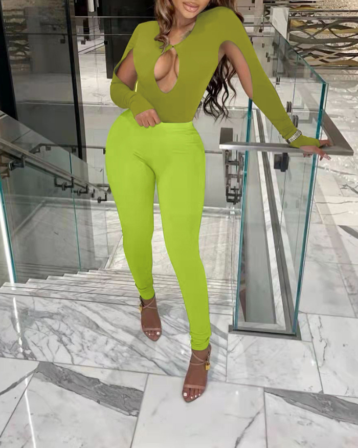 Women Colorblock Hollow Out Long Sleeve Pants Sets Two Pieces Outfit Green S-XL