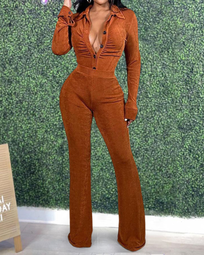 Women Solid Color Long Sleeve Turn-down Collar Pants Sets Two Pieces Outfit Orange Red Black Khaki S-2XL