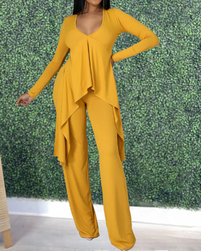 Women V-neck Solid Color Long Sleeve Pants Sets Two Pieces Outfit Yellow Gray Black Apricot S-2XL