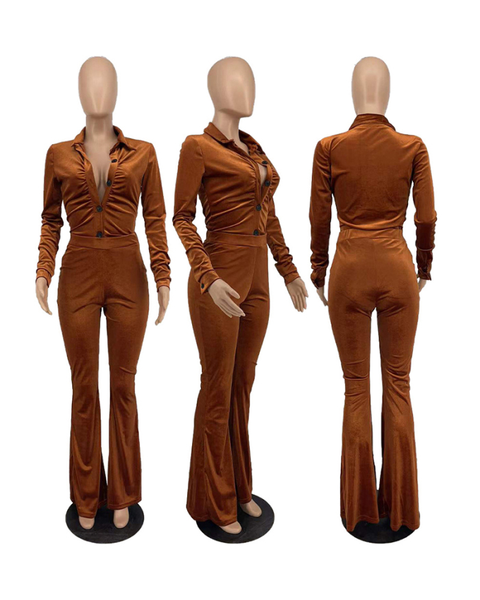 Women Solid Color Long Sleeve Turn-down Collar Pants Sets Two Pieces Outfit Orange Red Black Khaki S-2XL
