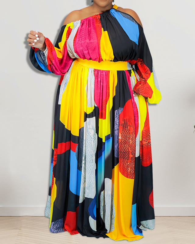 Women Long Sleeve Slash Neck Colorblock Plus Size Dresses Red XL-5XL