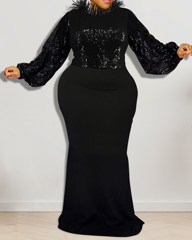 Women Long Sleeve Lace Neck Sequin Top Slim Long Plus Size Dresses Red Black XL-5XL