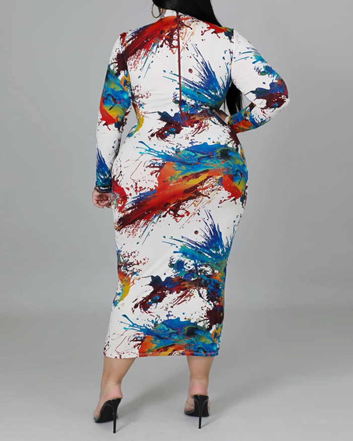 Women Sexy Printed Long Sleeves Plus Size Dresses Colorful White Brown L-4XL