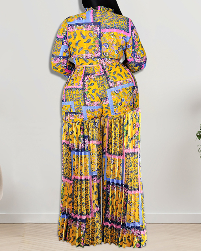 Women Long Sleeve Tie Crop Tops Fashion Printed Plus Size Two Piece Sets Yellow XL-5XL