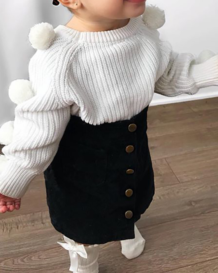 Girls' Cotton Round Neck Long-Sleeved Denim A-line Skirt Solid Color Two-Piece Suit 80CM-140CM
