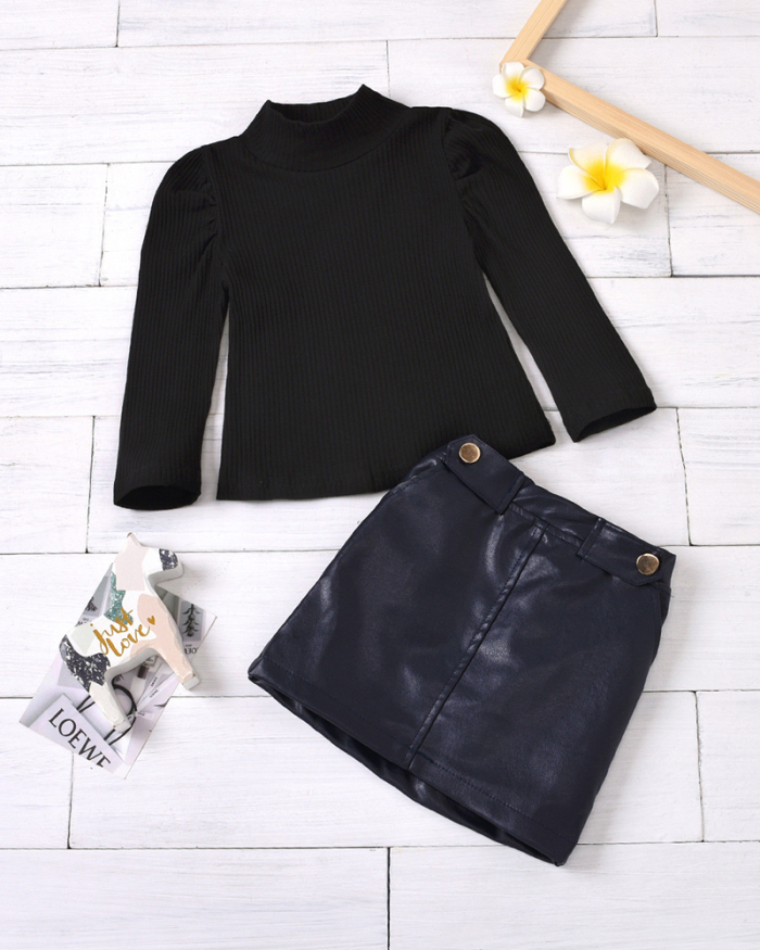Children's Fashion New Solid Color High-Neck Long-Sleeved Shirt Button Leather Skirt Two-Piece Suit 90CM-130CM