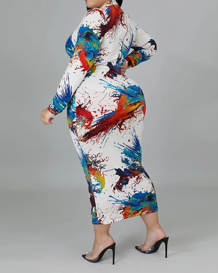Women Sexy Printed Long Sleeves Plus Size Dresses Colorful White Brown L-4XL