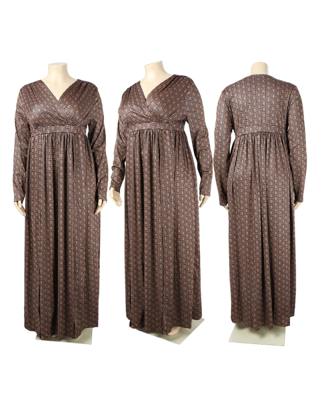 Women Long Sleeve V-neck High Slit Plus Size Dresses Black 2XL-5XL