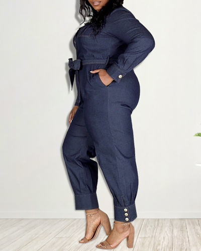 Women Long Sleeve Solid Color Turn-down Collar Plus Size Jumpsuit Blue XL-5XL