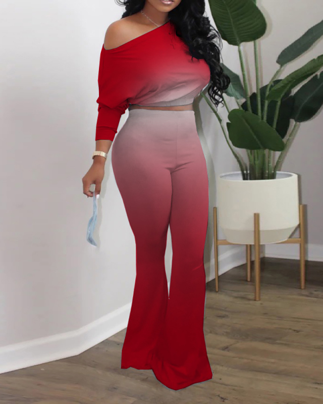 Ladies Fashion New Casual Gradient Pure Color Two-piece Set S-3XL 