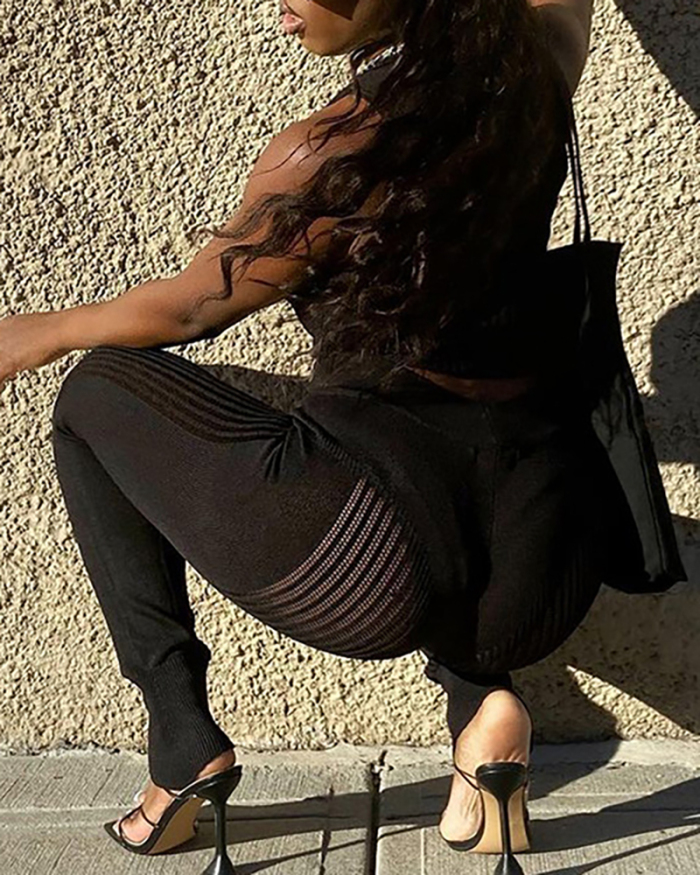 Women Holllow Out Mesh Vest Fit Slim Pants Sets Two-piece Sets Apricot Black S-L