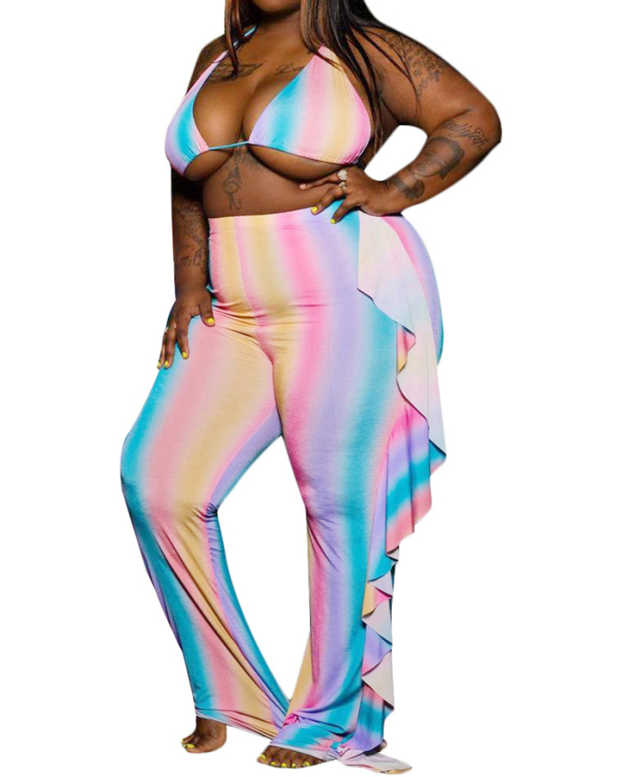 Women Strappy Bikini Tops Ruffle Print Wide Leg Pants Plus Size Two Piece Sets XL-4XL