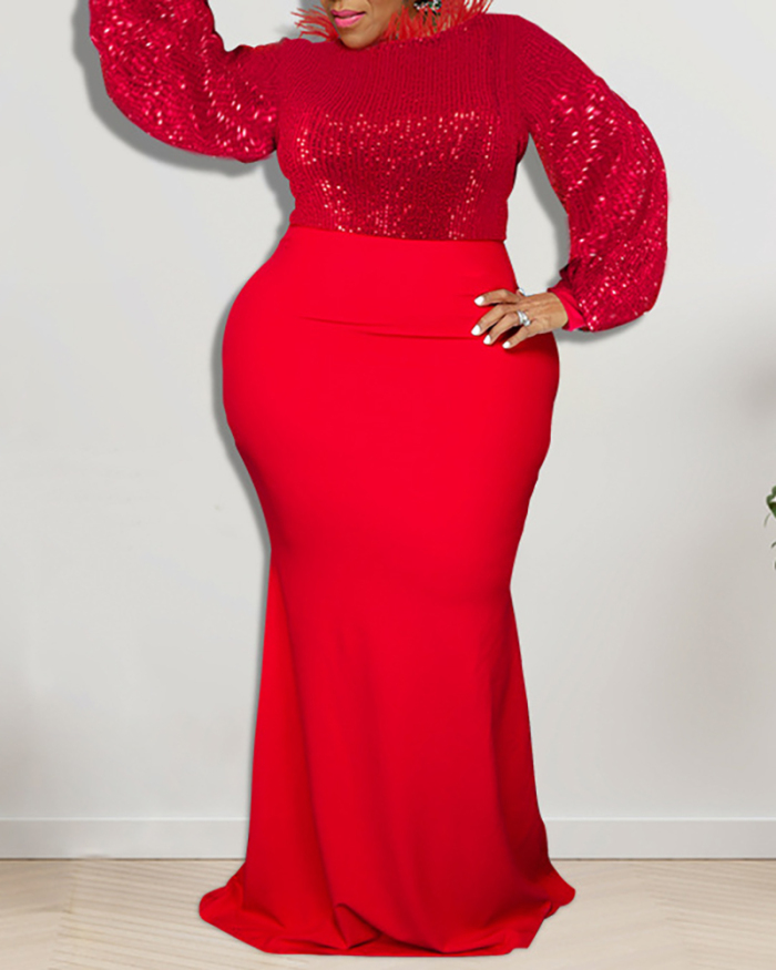 Women Long Sleeve Lace Neck Sequin Top Slim Long Plus Size Dresses Red Black XL-5XL
