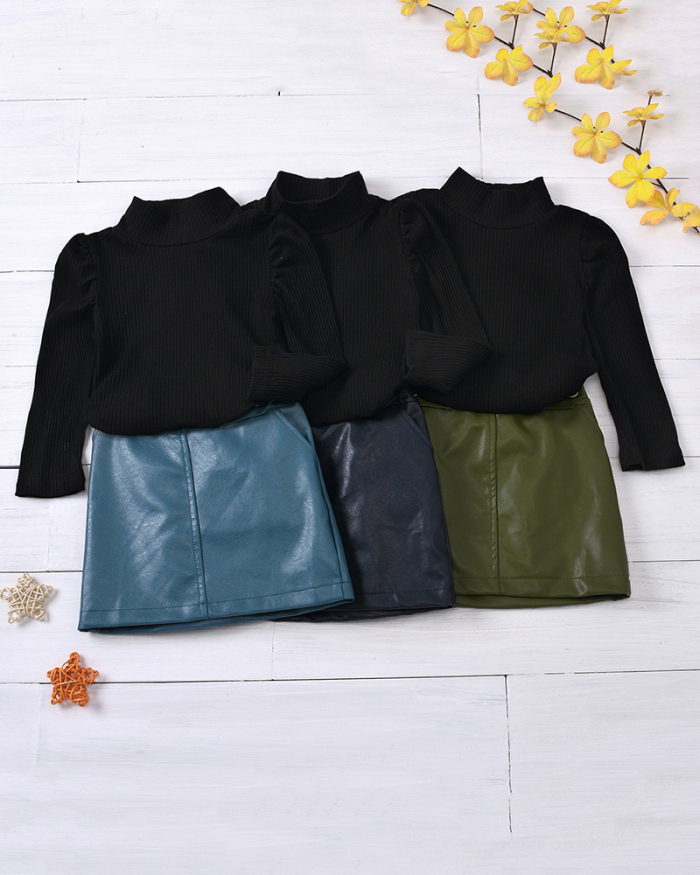 Children's Fashion New Solid Color High-Neck Long-Sleeved Shirt Button Leather Skirt Two-Piece Suit 90CM-130CM