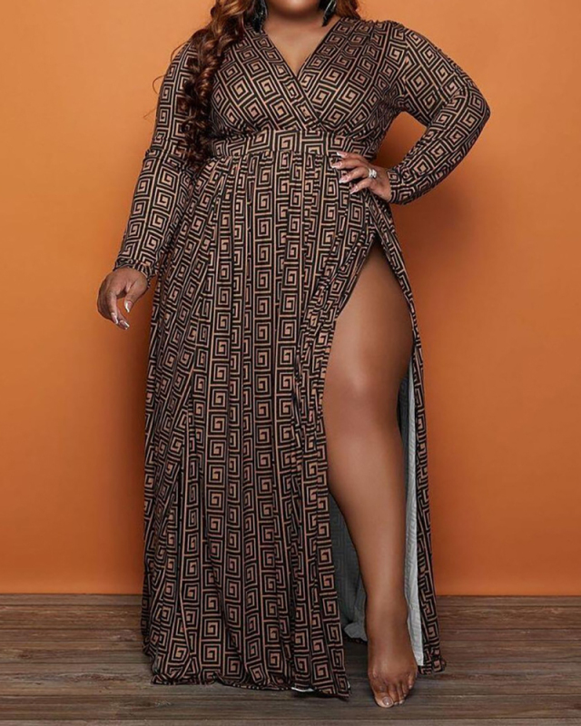 Women Long Sleeve V-neck High Slit Plus Size Dresses Black 2XL-5XL