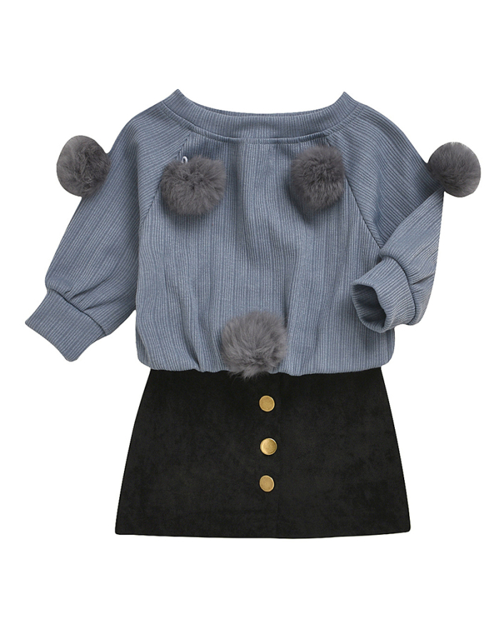 Girls' Cotton Round Neck Long-Sleeved Denim A-line Skirt Solid Color Two-Piece Suit 80CM-140CM