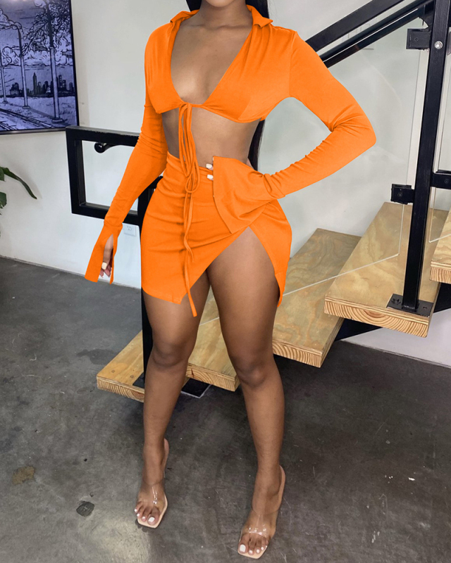 Women Solid Color Long Sleeve V-Neck Two Piece Set Black Pink Orange Khaki S-2XL 