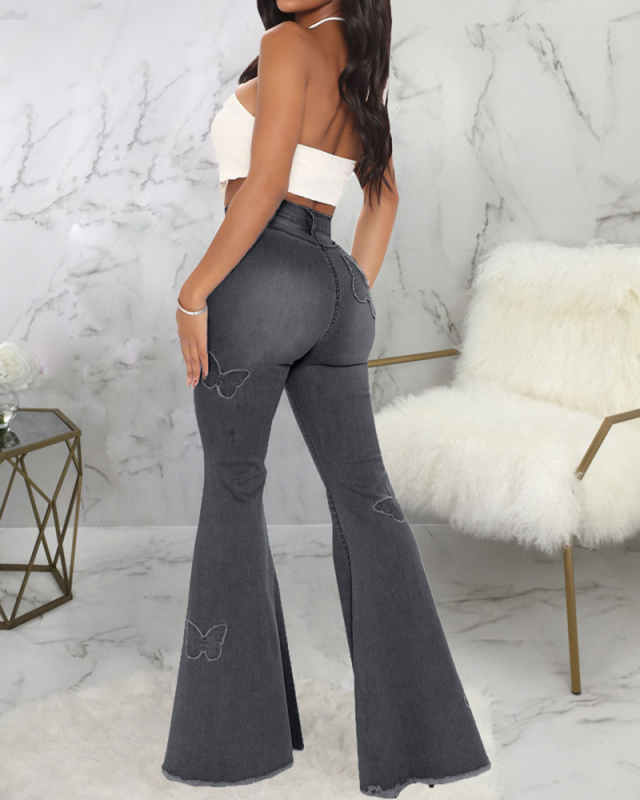 Ladies Fashion High Waist Slim Stretch Denim Flared Pants S-XXXL