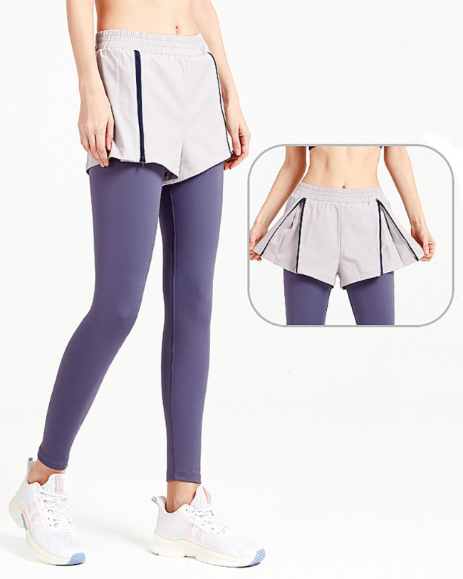 Ladies Fashion Nude Fake Two-piece Fitness Pants High Waist Hip Tight Stretch Sports Pants S-XL